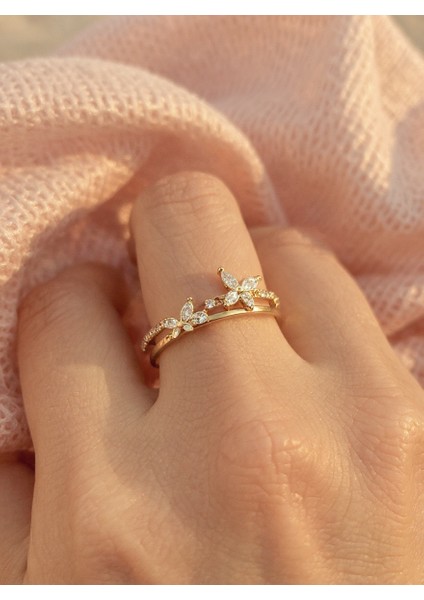 Ayarlanabilir Çelik Kelebek Form Damla Taşlı Yüzük – Gold Renk / Aurora Collection