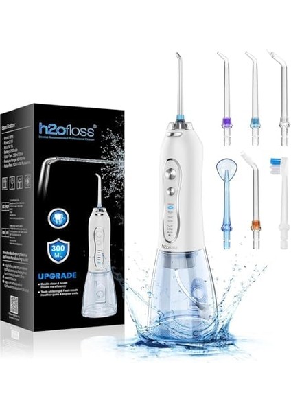 H2OFLOSS Şarjlı Kablosuz Ağız Duşu, Hızlı ve Etkili Diş Arası Temizliği – 300 ml Su Hazneli, 5 Modlu, 6 Başlıklı, Ipx7 Su Geçirmez, Diş Taşı Temizliği, Beyaz
