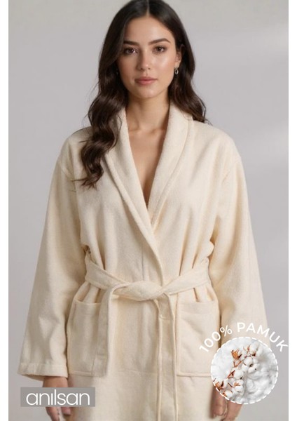%100 Pamuk Krem Bornoz - Şalyaka Otel Bornozu, Spa Için Ideal, Günlük Kullanıma Uygun