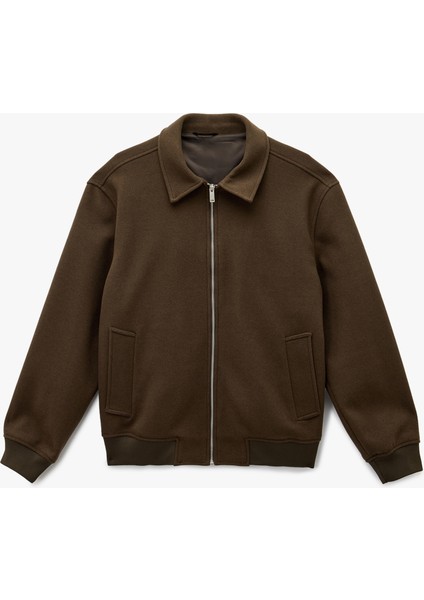 Uzun Kollu Cepli Fermuarlı Gömlek Yaka Kaşe Bomber Ceket