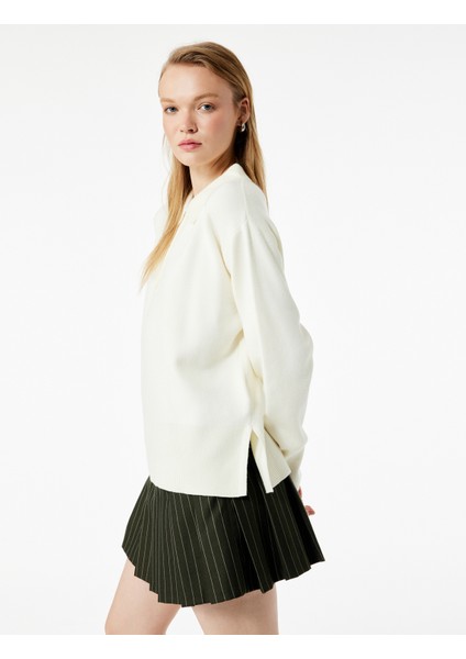 Uzun Kollu Düğme Detaylı Basic Polo Yaka Triko Kazak