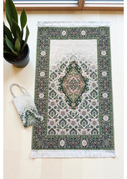 Ipeksi Dokulu Çantalı Kadife Seccade - Rumi Motifli, Pratik, Taşınabilir - Yeşil