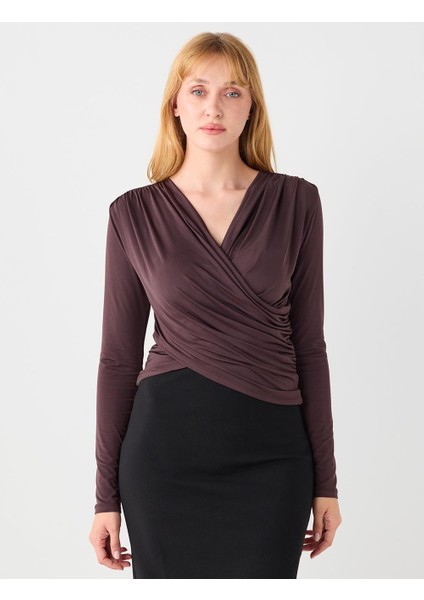 Acı Kahve Dar Kesim Uzun Kollu Çapraz Yaka Örme Bluz