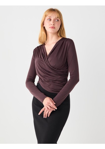 Acı Kahve Dar Kesim Uzun Kollu Çapraz Yaka Örme Bluz modelleri