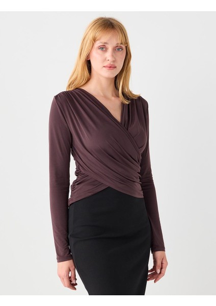 Acı Kahve Dar Kesim Uzun Kollu Çapraz Yaka Örme Bluz fırsatları