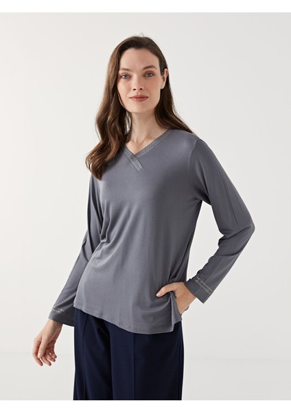 Yeni Sezon V Yaka Parlak Taşlı Kadın Bluz