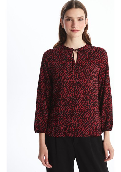 Yeni Sezon Bağlamalı Yaka Desenli Kadın Bluz