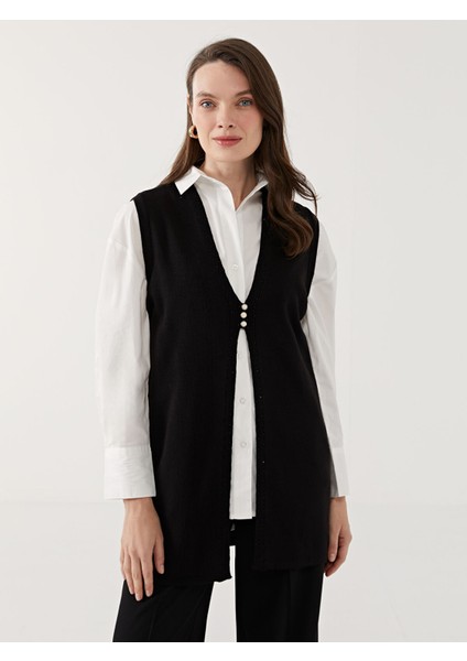 Yeni Sezon V Yaka Taşlı Kadın Triko Yelek