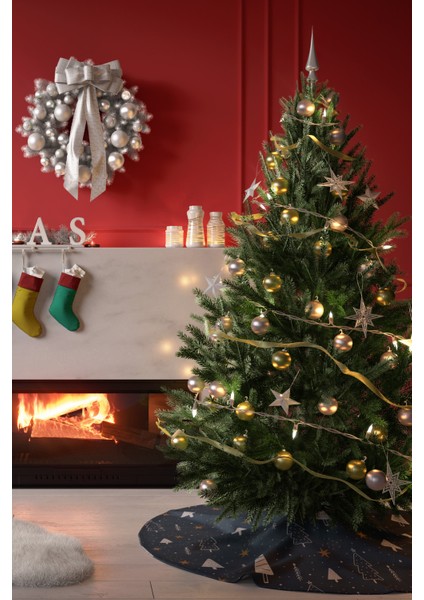 Lacivert Çam Ağacı ve Yıldız Desenli Yılbaşı Çam Ağacı Örtüsü