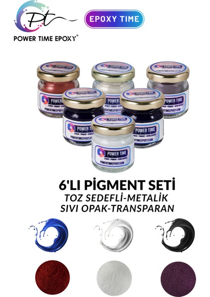 6'lı Epoksi Pigment Boya Seti / Epoksi Için / 3 Adet Toz Sedefli - 3 Adet Sıvı Opak-Transparan