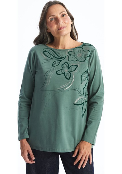 Yeni Sezon Bisiklet Yaka Çiçekli Kadın Tişört