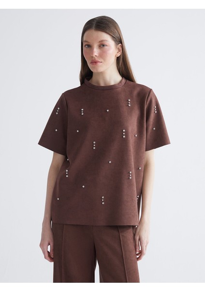 Yeni Sezon Bisiklet Yaka Taşlı Süet Görünümlü Bluz