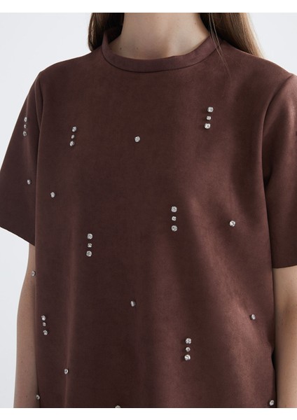 Yeni Sezon Bisiklet Yaka Taşlı Süet Görünümlü Bluz modelleri