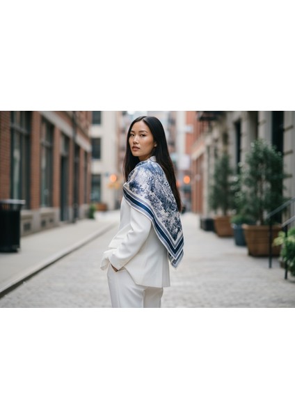 Lacivert Beyaz Desenli Fular 70 x 70 fiyatları