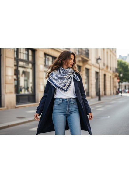 Lacivert Beyaz Desenli Fular 70 x 70 modelleri