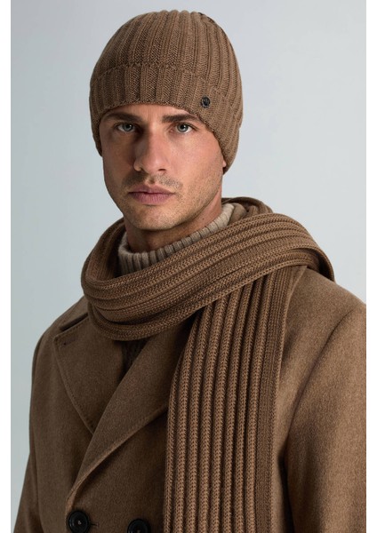 Örgü Desenli Tütün Rengi Merino Yün Su Itici Bere