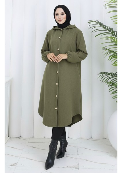 Önden Düğmeli Kapüşonlu Kaşe Kap 0188-04 Haki Yeşil