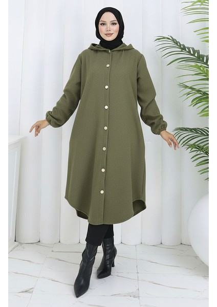 Önden Düğmeli Kapüşonlu Kaşe Kap 0188-04 Haki Yeşil fiyatları