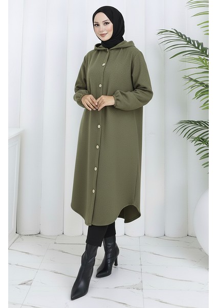 Önden Düğmeli Kapüşonlu Kaşe Kap 0188-04 Haki Yeşil modelleri