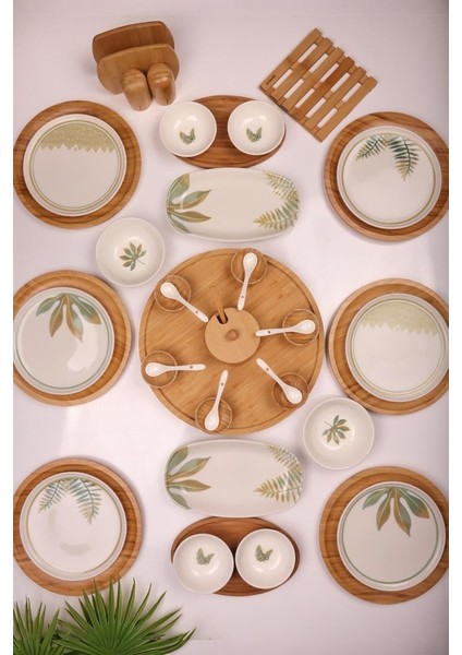 Dawn 6 Kişilik 42 Parça Doğal Bambu Porselen Kahvaltı Takımı – Kahvaltı Seti Sunum Seti