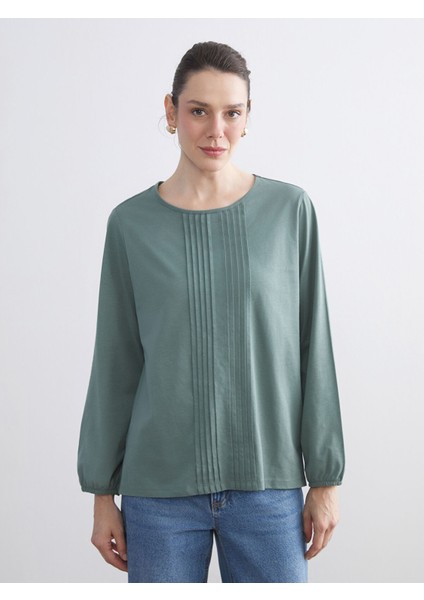 Yeni Sezon Bisiklet Yaka Dekoratif Dikiş Detaylı Bluz