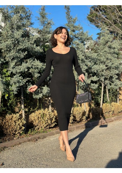 Yzlal V Yaka Uzun Kollu Midi Boy Elbise Siyah A3154 (Beden: Standart) fırsatları