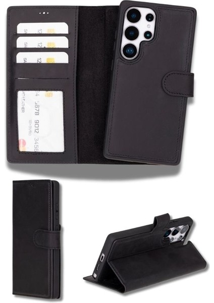 Samsung Galaxy S25 Ultra Uyumlu, Hakiki Deri, El Yapımı, Cüzdanlı Kılıf, Mat Siyah modelleri