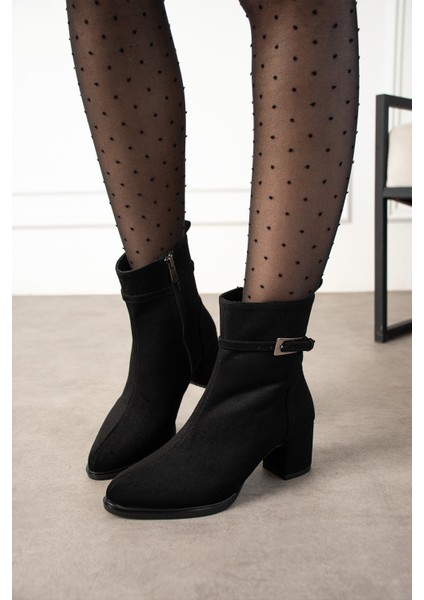Kadın Siyah Süet Lucy Model Yandan Fermuarlı Sivri Burun Kısa Topuklu Bot