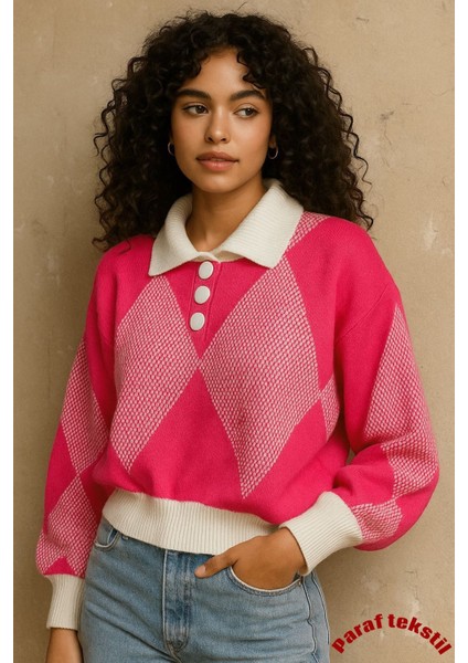 Kadın Oversize Baklava Desen Triko Kazak