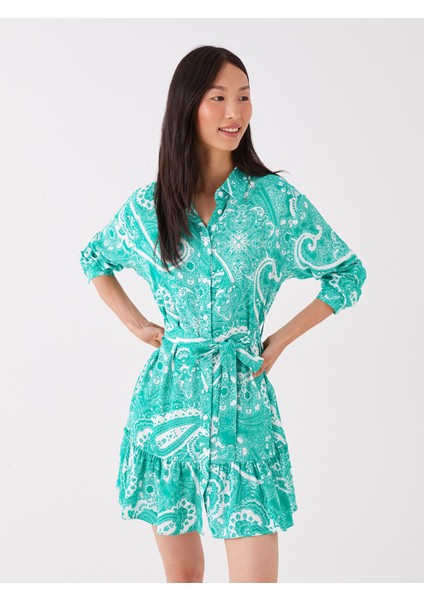 Yeni Sezon Desenli Uzun Kollu Kadın Gömlek Elbise