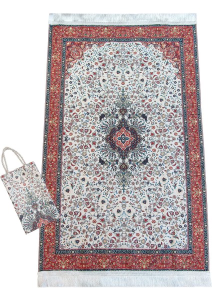 Ipeksi Dokulu Çantalı Kadife Seccade - Çiçek Motifli, Pratik, Taşınabilir - Bordo