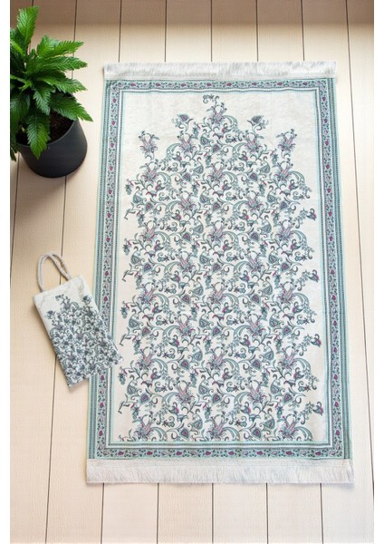 Ipeksi Dokulu Çantalı Kadife Seccade - Lale Desenli, Pratik, Taşınabilir - Mint Yeşili