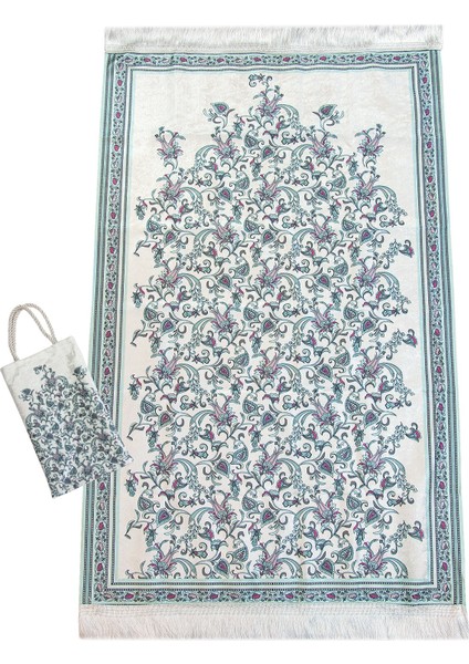 Ipeksi Dokulu Çantalı Kadife Seccade - Lale Desenli, Pratik, Taşınabilir - Mint Yeşili fiyatları