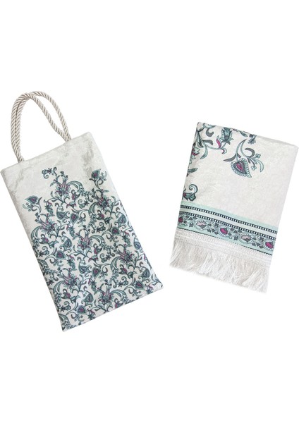 Ipeksi Dokulu Çantalı Kadife Seccade - Lale Desenli, Pratik, Taşınabilir - Mint Yeşili indirimleri