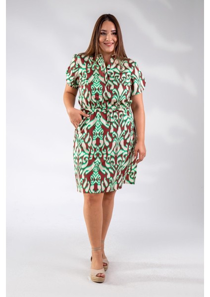 Kadın Büyük Beden Düğmeli Beli Lastikli Bordo-Yeşil Elbise