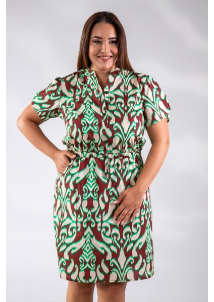 Kadın Büyük Beden Düğmeli Beli Lastikli Bordo-Yeşil Elbise fiyatları
