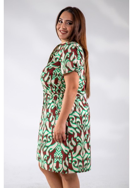 Kadın Büyük Beden Düğmeli Beli Lastikli Bordo-Yeşil Elbise modelleri