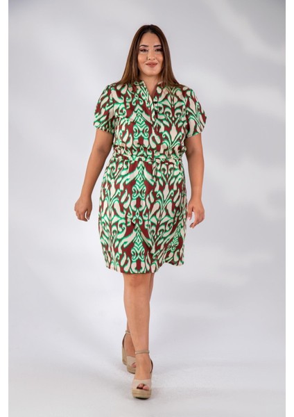 Kadın Büyük Beden Düğmeli Beli Lastikli Bordo-Yeşil Elbise fırsatları
