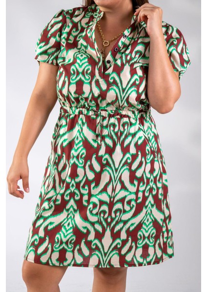 Kadın Büyük Beden Düğmeli Beli Lastikli Bordo-Yeşil Elbise indirimleri