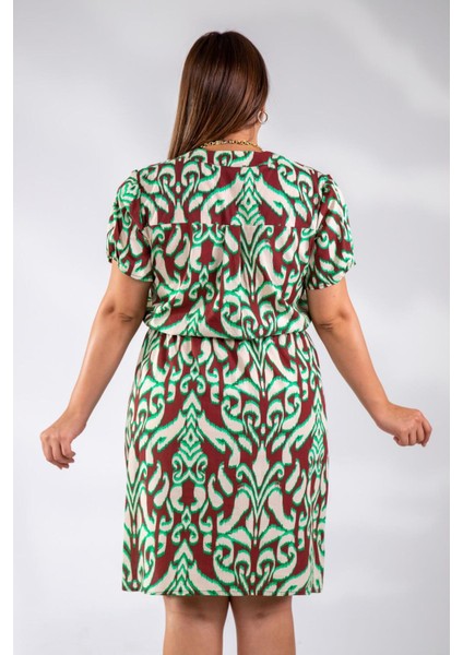 Kadın Büyük Beden Düğmeli Beli Lastikli Bordo-Yeşil Elbise