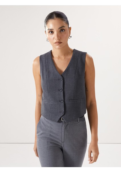 Yeni Sezon V Yaka Çizgili Kadın Klasik Yelek
