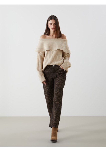 Yeni Sezon Leopar Desenli Wideleg Kadın Jean Pantolon
