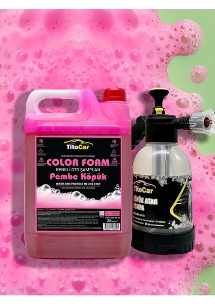 Color Foam Pembe Köpük Renkli Şampuan 5 Lt & Titocar Köpük Atan Pompa & Şampuan Seti