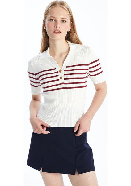 Yeni Sezon Polo Yaka Çizgili Kadın Triko Kazak