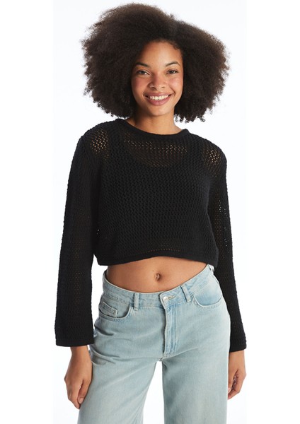 Yeni Sezon Bisiklet Yaka Ajurlu Uzun Kollu Crop Kadın Triko Kazak