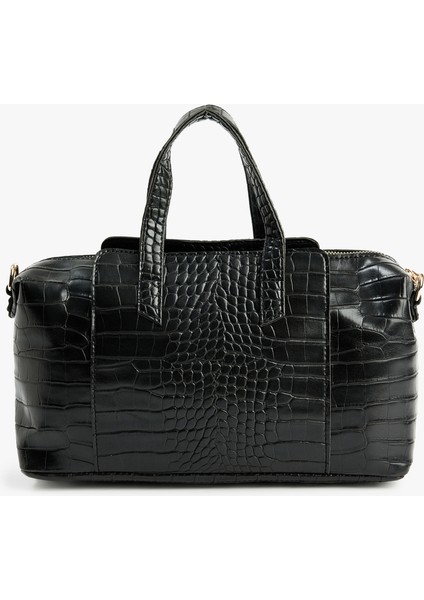 Timsah Derisi Görünümlü Fermuarlı Saplı Askılı Tote Çanta
