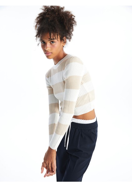 Yeni Sezon Bisiklet Yaka Çizgili Uzun Kollu Crop Kadın Triko Kazak