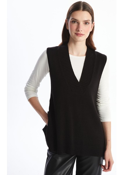 Yeni Sezon Kadın V Yaka Düz Triko Süveter