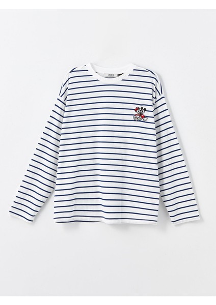 Yeni Sezon Bisiklet Yaka Mickey Mouse Nakışlı Uzun Kollu Kadın Tişört indirimleri