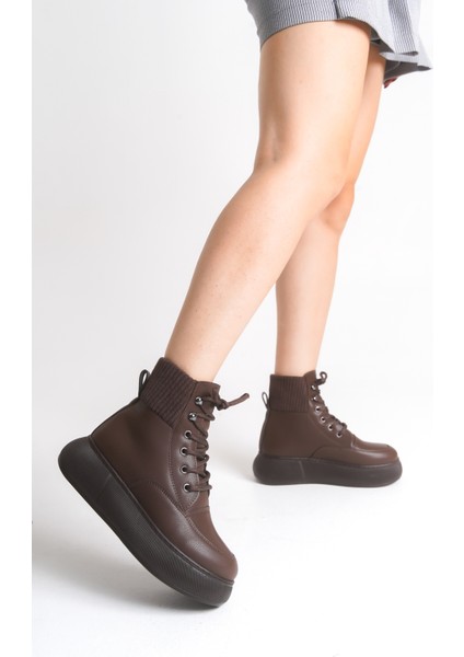 Kadın Platform Kalın Taban Bağcıklı Triko Detaylı Günlük Bot & Bootie